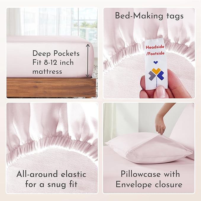 California Design Den Twin Sheet Set - Natural 100% Cotton Bed Sheets with 12" Pockets, Soft Sateen Weave, Breathable and Durable Bedding Set for Dorm Rooms, College (Pink)