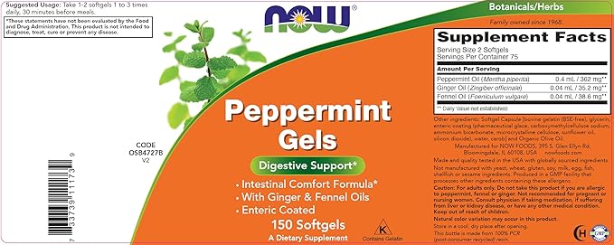 Now Peppermint Gels with Ginger Oil and Fennel Oil, 150 Softgels (Pack of 2), Enteric Coated