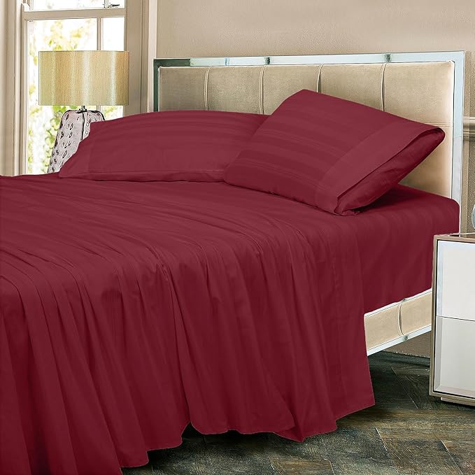 ROYALE LINENS 300 Thread Count 100% Long Staple Combed Cotton Striped Sheet Set - 4 Piece Full Bed Sheets - 1 Fitted, 1 Flat, 2 Pillow Cases -Soft Cool & Crisp Sheet Set (Full, Multi Stripe Burgundy)