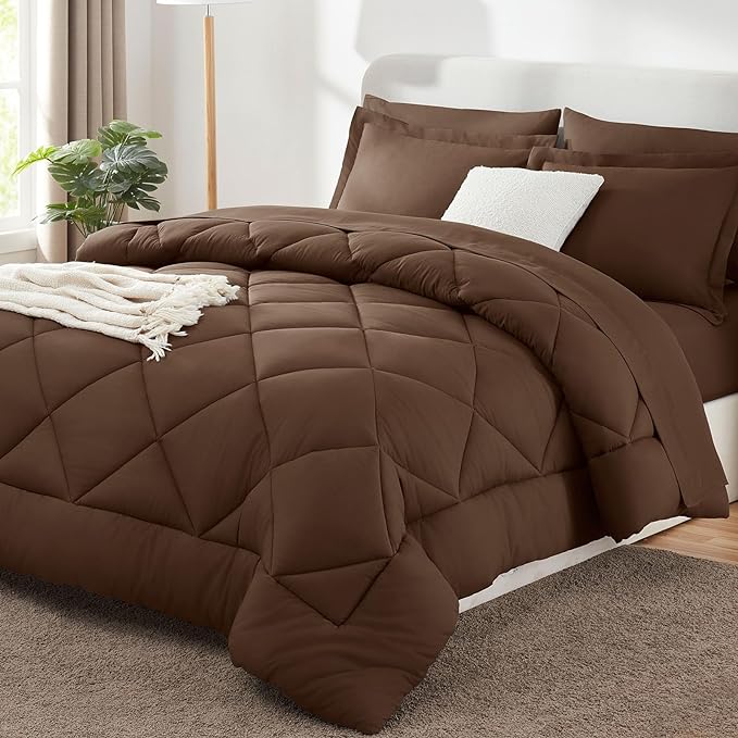 CozyLux Oversized Queen Comforter Set Brown - 7 Pieces Bed in a Bag Comforter Set with Sheets, Luxury Soft Bed Set, Bedding Set with Down Alternative Comforter, Sheets, Pillowcases & Shams