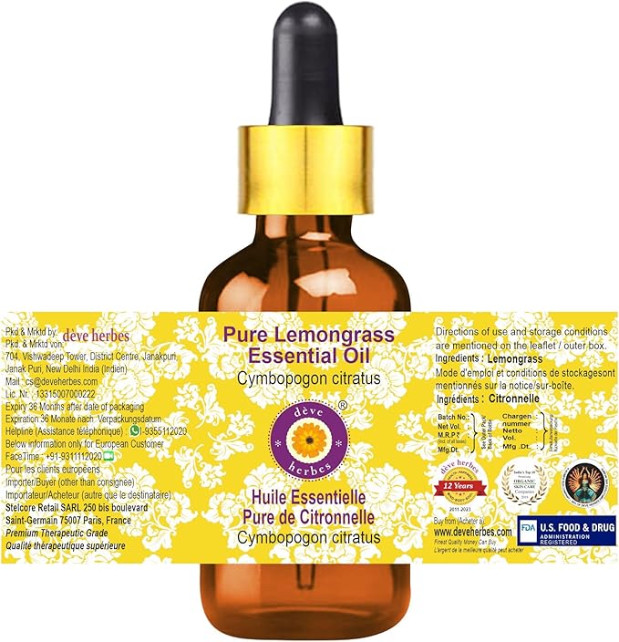 dève herbes Lemongrass Essential Oil (Cymbopogon citratus) with Glass Dropper | Pure | Non-Sticky | Non-Greasy | Lightweight | Men & Women | All Skin Types | Steam Distilled 100ml (3.38 oz)