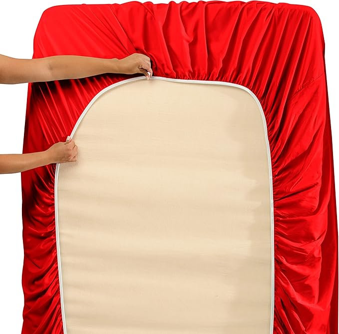 Hearth & Harbor Extra Deep Pocket King Size Sets - Fits Mattress 18-24 Inches Deep - Extra Deep Pocket Sheets - 6 Piece King Size - Cherry Red