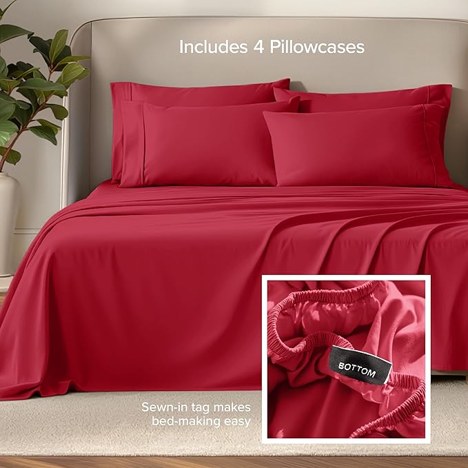 Bare Home Hotel Luxury King Sheet Set, Extra Soft - 6 Piece Set - Deep Pockets - Easy Fit - Cooling & Breathable - Wrinkle, Fade, Stain Resistant - Includes 4 Pillowcases (King, Red)