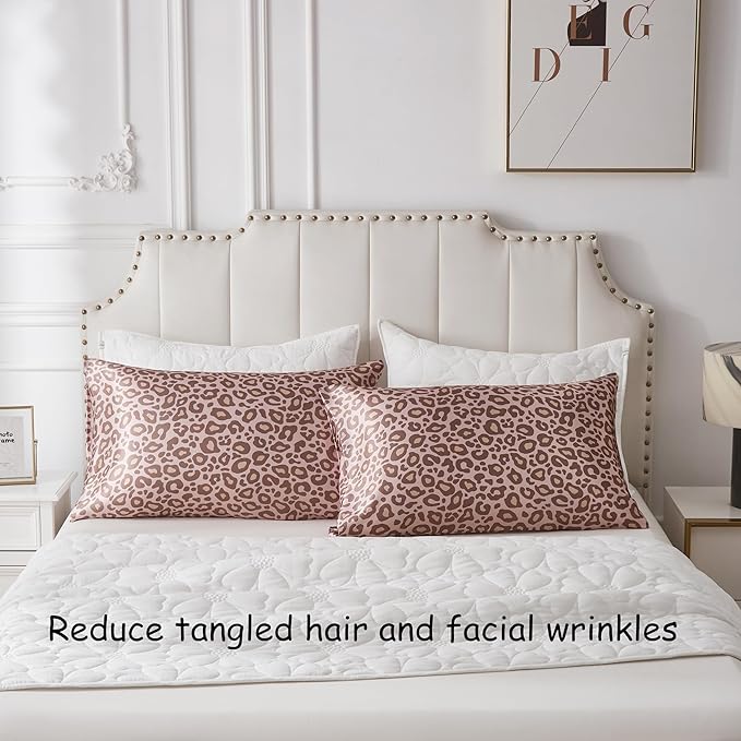 Satin Pillowcase for Hair and Skin, Soft and Cooling Similar to Silk Pillow Cases 2 Pack with Envelope Closure Standard Size Satin Pillow Covers, Gift for Women(20"x26", Leopard, Pink)