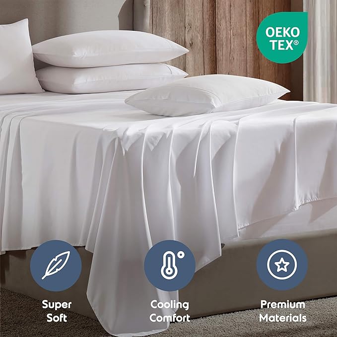 Nestl Extra Deep Queen Sheet Set - 6 Piece Breathable & Cooling Sheets - Hotel Luxury Bedding Set w/18-24 Inch Deep Pockets - Easy & Secure Fit - Super Soft, Wrinkle Free & Comfy - White