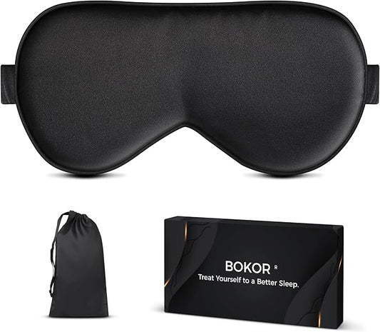 BOKOR Silk Sleep Mask, Eye Mask for Sleep, Mulberry Silk Luxury Eye Cover, Light-Blocking, Skin-Friendly & Lightweight, Reduces Puffy Eyes - with Travel Bag & Gift Package - Black