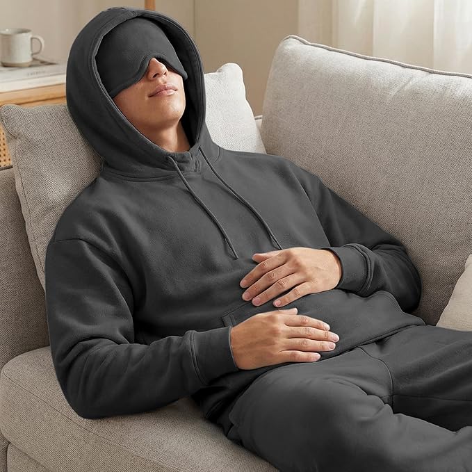 Ainangua Mens Oversized Pullover Essentials Hoodie with Eye Mask Built In Comfor Airplane Mode Travel Sleep Wearable Blanket