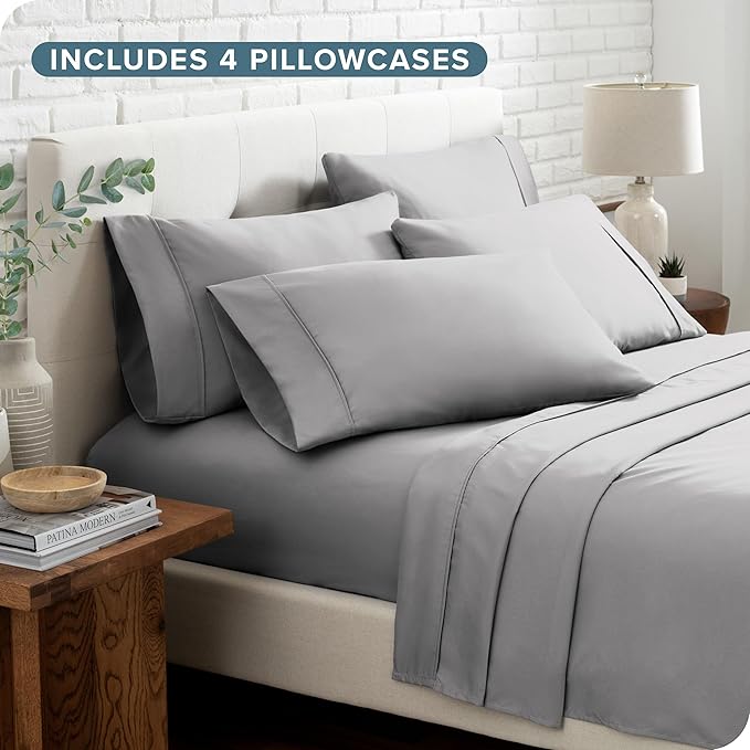 Bare Home Hotel Luxury Sheet Set, Extra Soft - 7 Piece Set - Deep Pockets - Easy Fit - Cooling & Breathable - Wrinkle, Fade, Stain Resistant - Includes 4 Pillowcases (Split Cal King, Light Grey)