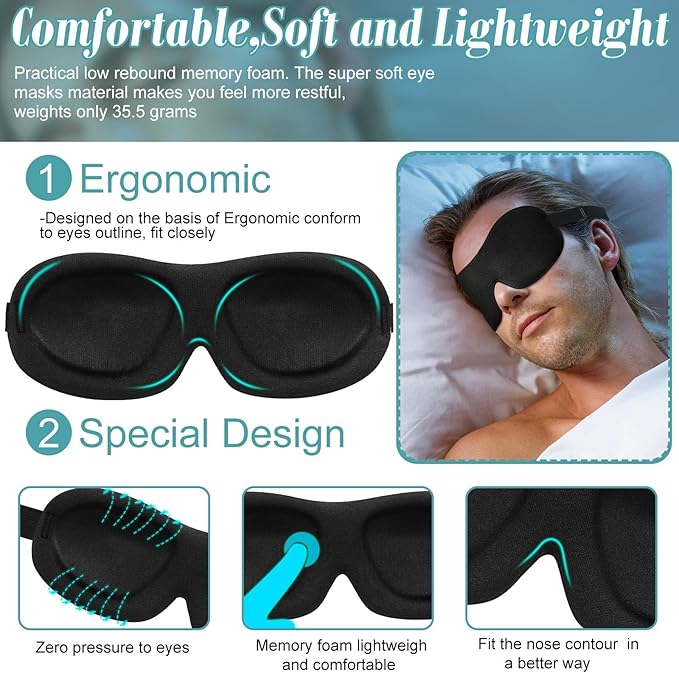 Bencailor 8 Pcs Sleep Mask for Side Sleeper 3D Eye Masks for Sleeping Blackout Eye Cover Shade Night Blindfold with Adjustable Strap for Women Men Sleeping Game Gifts(Large,Black)