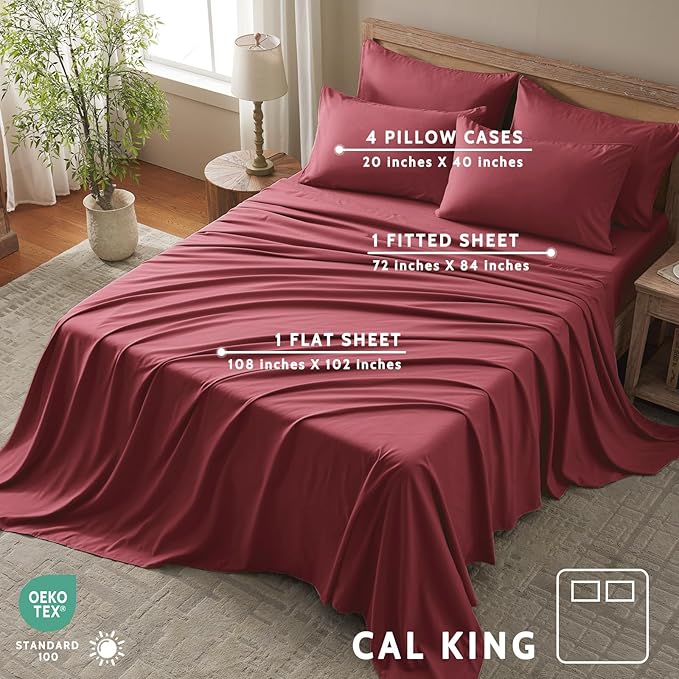 Cal King Size Sheets Set - 6 Piece Luxuriously Soft & Cooling Sheets Cal King Size - Ultra Soft 16" Deep Pocket Cal King Sheet Set - Fitted Sheet & Pillowcase Sets (Cal King Burgundy)