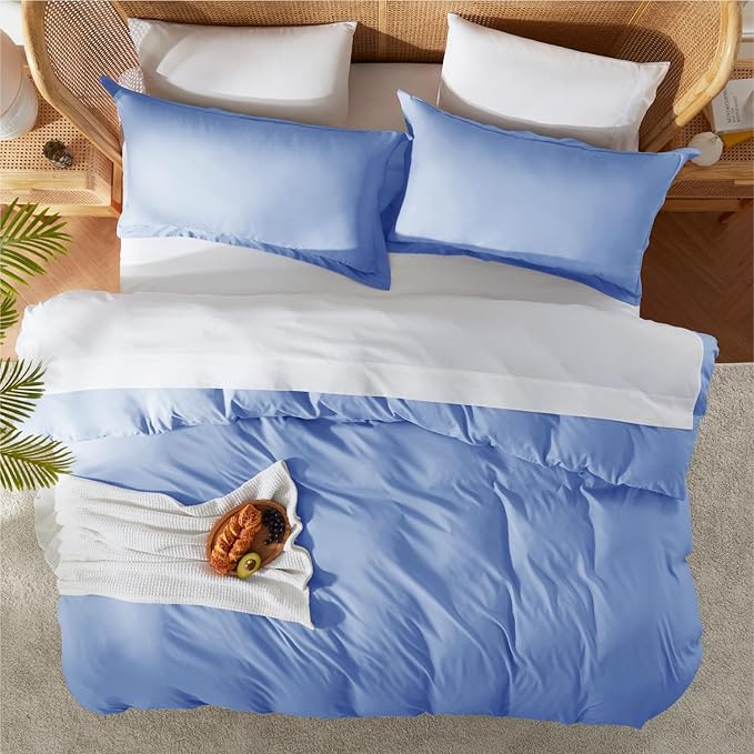 Nestl Queen Duvet Cover Set with Comforter Insert - Calm Blue 4 Piece 90x90 Duvet Cover & 2 Pillow Shams with White Quilted Down Alternative Comforter, Ultra Soft, All Season