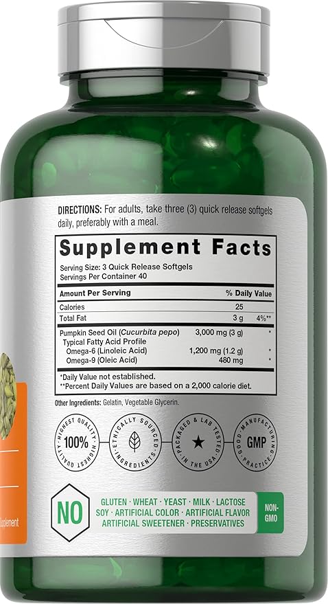 Horbäach Pumpkin Seed Oil 3000mg | 120 Softgel Capsules | Essential Fatty Acids with Omega 6 and 9 | Cold Pressed Dietary Supplement | Non-GMO and Gluten Free Formula
