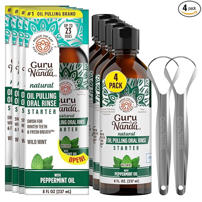 GuruNanda Starter Pulling Oil Mouthwash for Natural Teeth Whitening, Coconut and Peppermint Oil for Fresh Breath & Happy Gums, with Tongue Scraper, Alcohol-Free, 2X8 Oz (Pack of 2)
