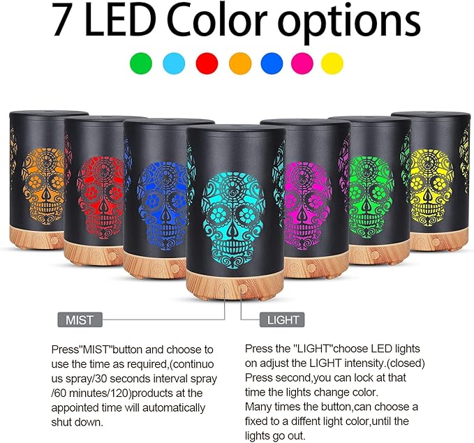 Essential Oil Diffuser, Diffusers for Essential Oils Aromatherapy Diffuser Cool Mist Humidifier with 7 Colors Lights 3 Mist Mode Waterless Auto Off for Gaming Room Office, Iron Black