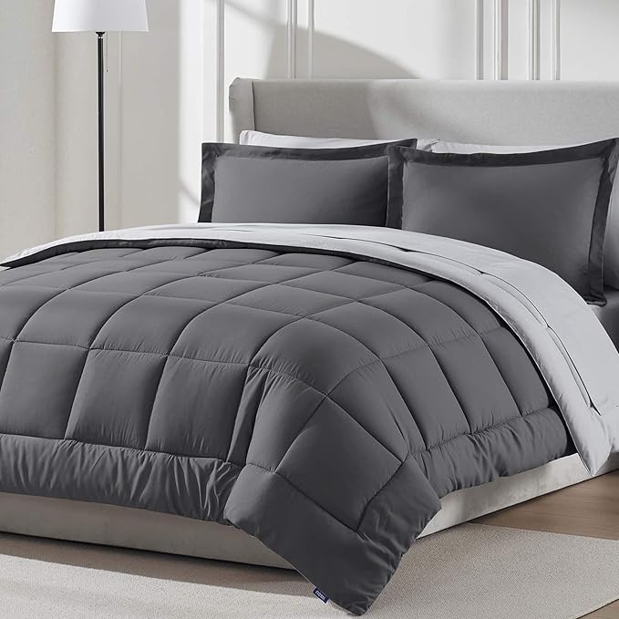 Nestl 9 Piece Queen Comforter Set – Dark Grey Reversible Bed in a Bag – Complete Queen Size Bedding Set with Sheets, Set of 2 Cooling Pillows, Pillowcases and Shams
