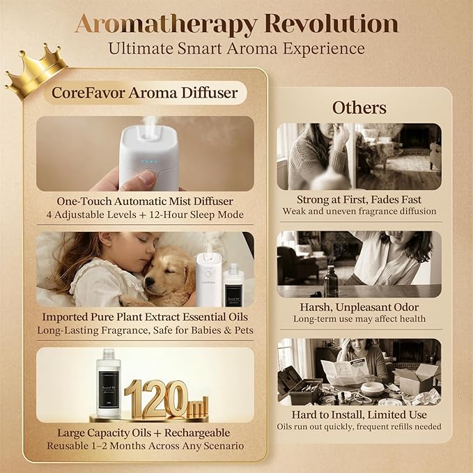 Waterless Essential Oil Diffuser with 2x120ml Oil, Portable Battery-Operated Cold Air Aroma Scent Machine, 4 Adjustable Intensity Levels, Quiet Diffuser for Bedroom Office Bathroom Car