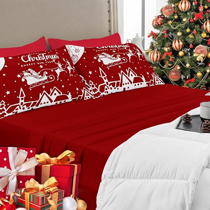 YIYEA Christmas King Size Pillow Cases Set of 4, Ultra Soft Double Brushed Microfiber Red Pillowcases and Christmas Pillow Covers, Envelope Closure, Fade Resistant (20"x36")