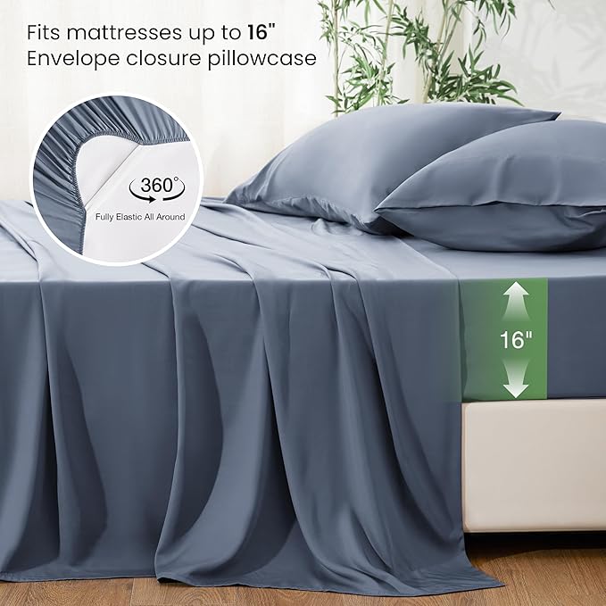 Love's cabin 4 Piece Full Size Sheet Set, 100% Rayon Derived from Bamboo, Cooling & Breathable, Soft Silky Deep Pocket up to 16", Hotel Luxury Bedding for Hot Sleepers, Bluish Grey