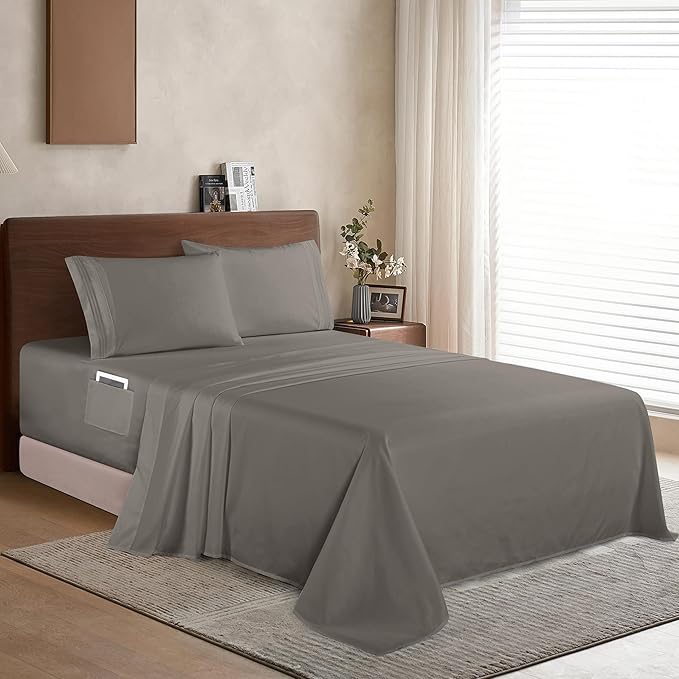 Elegant Comfort Luxury 1500 Premium Hotel Quality Microfiber 4-Piece Sheet Set - Soft, All Around Elastic 18-24 Inches Deep Fitted Sheet - Extra Deep Pocket Sheets, Queen, Grey