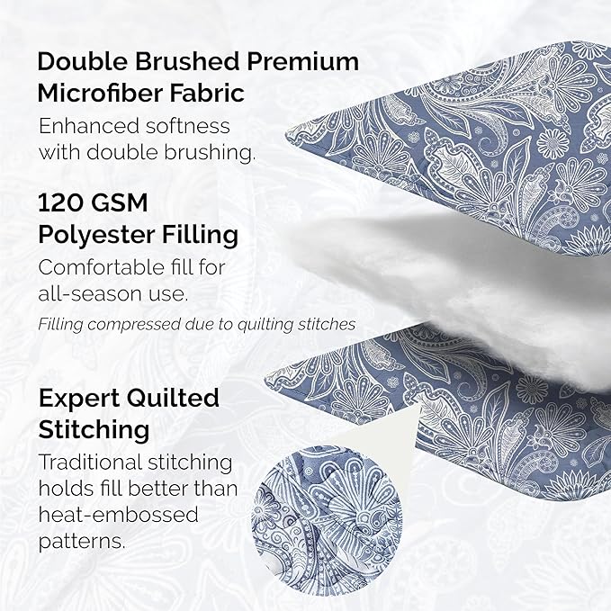 Southshore Fine Living, Inc. Twin XL Quilt Bedding Set, Dorm Bedding Essentials, 2-Sided Reversible, Stain Resistant, Machine Washable Paisley Bedspread, Twin XL Comforter w/Pillow Sham, Paisley Blue