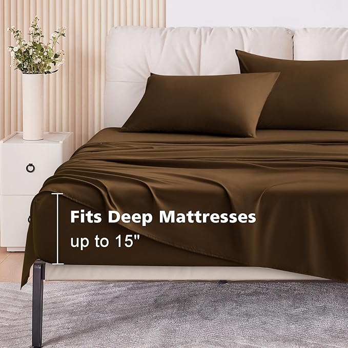 Cal King Size 4 Piece Sheet Set - Comfy Breathable & Cooling Bed Sheets Set, Soft and Wrinkle Free, Deep Pockets, Easy & Secure Fit, Hotel Luxury Bedding for Women, Men - Oeko-Tex - Brown