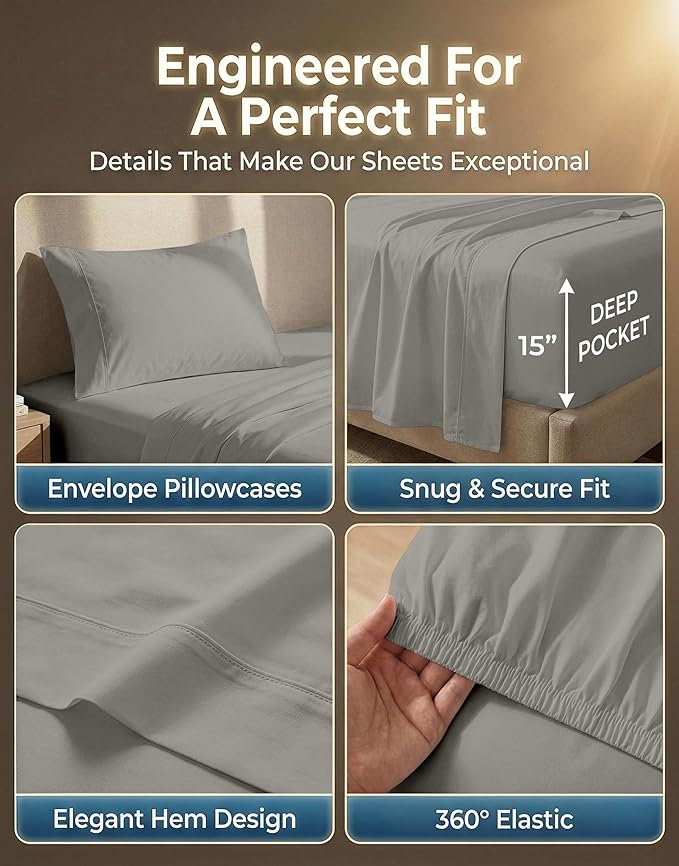 LANE LINEN Twin XL Sheets Set - 600 Thread Count Sateen Weave for Hotel Quality Softness - Extra Soft & Breathable 100% Cotton Sheets for a Luxury Experience - Fits Mattresses Upto 15'' Deep - Silver