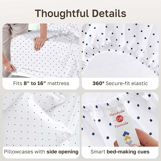 California Design Den Soft 100% Cotton Queen Sheet Set, 400 TC Good Housekeeping Award Winner, Smooth Sateen Finish with Deep Pockets, Cozy and Durable Cotton Bedding Set - Polka Dot