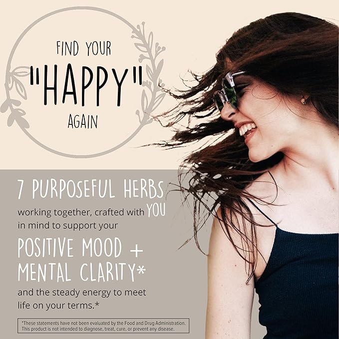 Joy-Filled Mood Support Supplement - 7 Herb Complex + St. Johns Wort (180 Ct) | Rhodiola Rosea, Eleuthero, Ashwagandha | Stress Relief – Helps Calm The Mind & Body | 100% Plant-Based Happy Pills