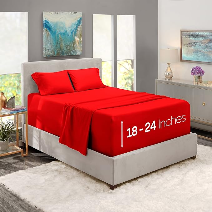 Nestl Twin Size Sheet Set, 4 Piece Extra Deep Pocket (18-24 inches), Microfiber, Hotel Luxury, Soft, Breathable, Wrinkle-Free, Easy to Care, Red