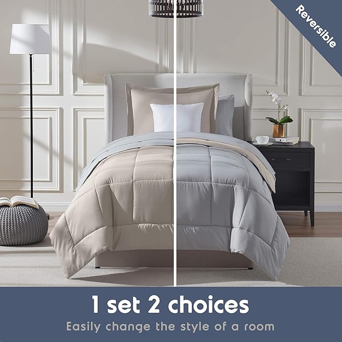 Nestl 7 Piece Twin Comforter Set – Beige Reversible Bed in a Bag – Complete Twin Size Bedding Set with Sheets, Set of 2 Down Alternative Pillows, Pillowcase and Sham