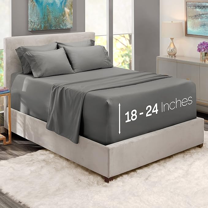 Hearth & Harbor Extra Deep Pocket Sheets - Fits Mattress 18-24 Inches Deep - Extra Deep Pocket Split King Size Sets - 7 Piece Split King Size - Grey