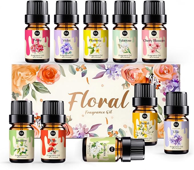 RAINBOW ABBY Floral Essential Oils Set, Premium Fragrance Oil for Candle & Soap Making, 10 Flower Scents in 5ML Bottles, Rose, Jasmine, Cherry Blossom, Gardenia, Plumeria, Peony