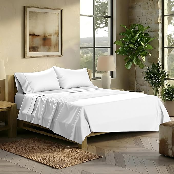 TEXAS LINEN CO. 100% Egyptian Cotton Sheets King Size - Snoozin' Supreme Collection 2000 Series Luxury King Bed Sheet Set, Cooling Sateen Weave, 17” Extra Deep Pocket Hotel Sheets (4 Pc, White)