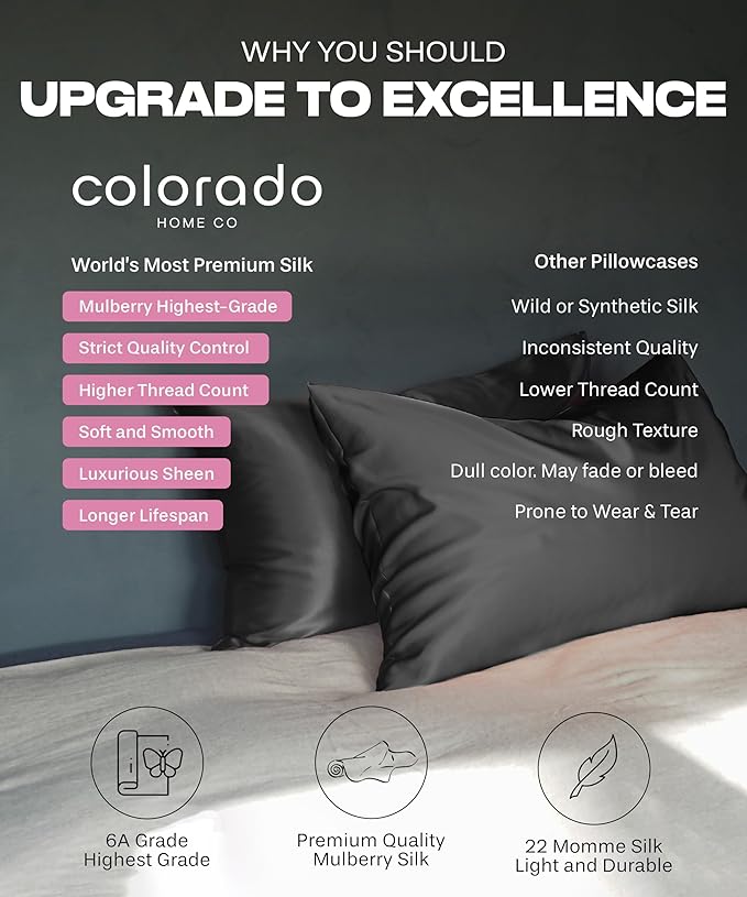 Colorado Home Co Mulberry Silk Pillowcase, Deep Mauve, Queen Size, 22 Momme, 100% Natural Silk, Anti-Aging, Anti-Acne, Dual Sided, 20" x 30"