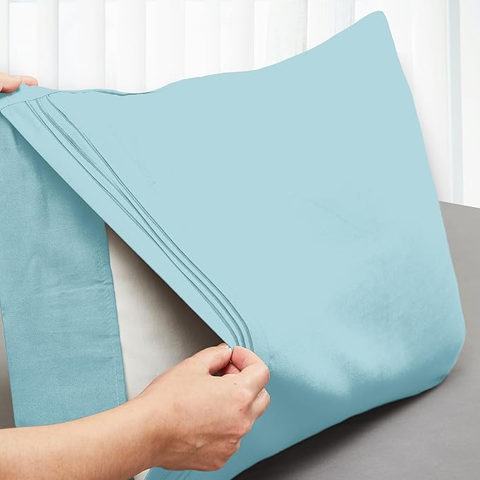 Mocassi 2-Piece Premium Standard/Queen Pillowcase Set 1800 Series Hotel Quality Microfiber - Soft and Breathable with 3-Line Embroidery Wrinkle and Stain Resistant, Easy Care, 20" x 30", Aqua Blue