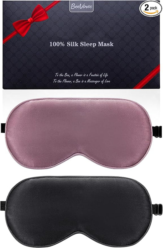 BeeVines 100% Real Mulberry Silk 2 Pack Sleep Mask, Pure Silk Eye Masks with Adjustable Strap for Sleeping, 100% Block Light Eye Shade Cover, Reduces Puffy Eyes Traveling Gifts(Black & Ruby Purple)