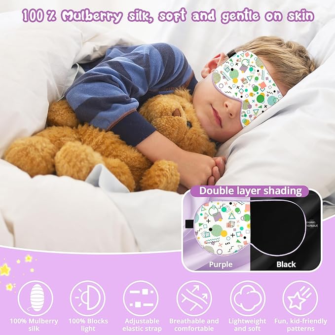 Kids Sleep Mask Eye Cover: 100% Real Natural Pure Silk Eye Mask with Adjustable Strap, Funny Blindfold Kids Eye Mask for Sleeping, Soft & Lightweight Eye Shade for Boys Girls Teens (Memphis Style)
