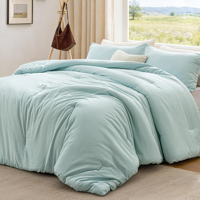 Love's cabin King Size Comforter Set Light Blue, 3-Piece 90% Polyester 10% Linen Blend Bedding Set, Linen-Look Textured Stripe, Down Alternative All-Season Comforter with Pillow Shams | Soft, Breathable, Lightweight