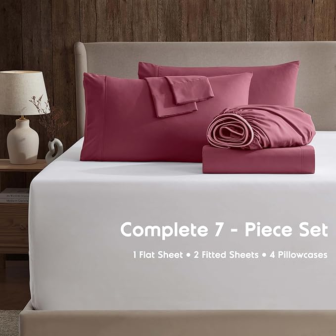 Nestl Extra Deep Split King Sheet Set - 7 Piece Breathable & Cooling Sheets - Hotel Luxury Bedding Set w/18-24 Inch Deep Pockets - Easy & Secure Fit - Super Soft, Wrinkle Free & Comfy - Burgundy Red