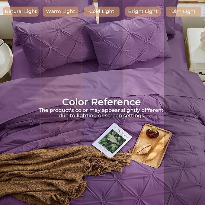 Sasttie Queen Comforter Set, 7-Piece Bed in a Bag, Pintuck Bedding Sets for All Season, Includes Comforter, Flat Sheet, Fitted Sheet, Pillowcases and Pillowshams, Grape Purple