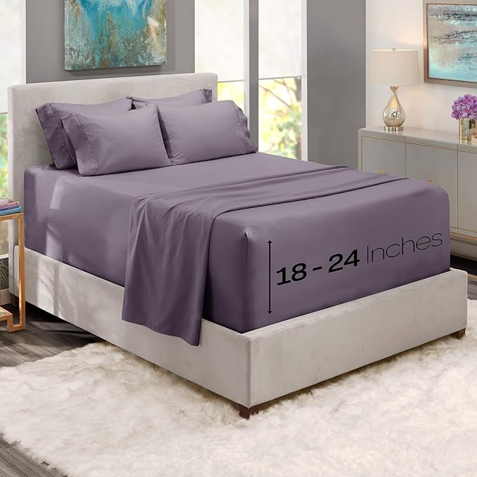 Hearth & Harbor Bed Sheets, Luxury Soft 6 Piece Bed Sheet Set Extra Deep Pocket Fitted Sheets Fits Mattress up to 21", Double Brushed Bedding Sheets & Pillowcases, Queen, Prpulish Gray