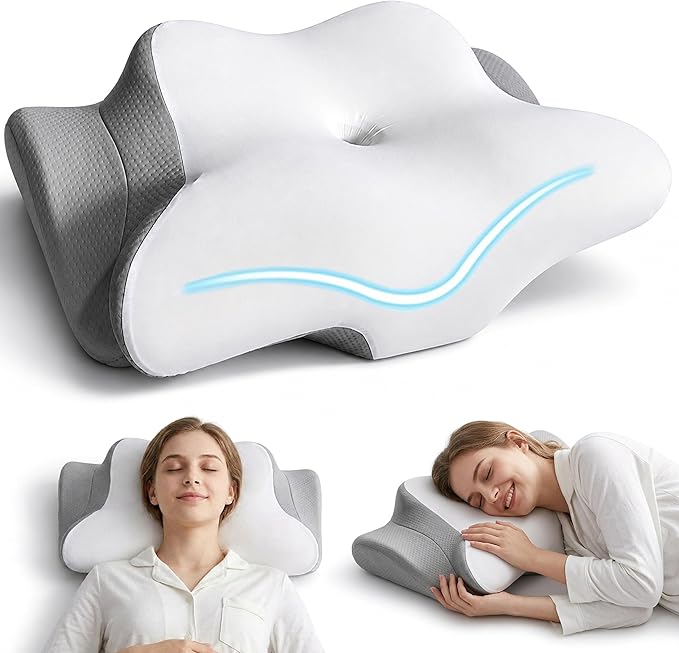 Cervical Neck Pillow for Pain Relief, Memory Foam Contour Pillow Dual Height 5.5/3.7 for Neck Shoulder Support – Ergonomic Orthopedic Cooling Pillow Side Back Stomach Sleepers Arm Support