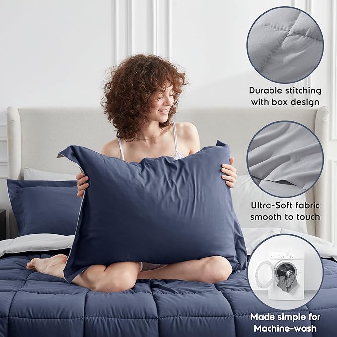 Nestl 9 Piece Queen Comforter Set – Navy Reversible Bed in a Bag – Complete Queen Size Bedding Set with Sheets, Set of 2 Down Alternative Pillows, Pillowcases and Shams
