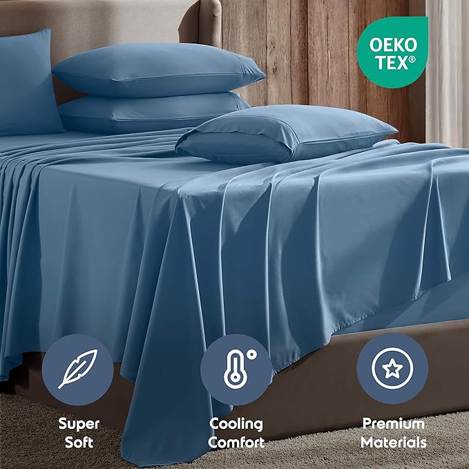 Nestl Extra Deep King Sheet Set - 6 Piece Breathable & Cooling Sheets - Hotel Luxury Bedding Set w/18-24 Inch Deep Pockets - Easy & Secure Fit - Super Soft, Wrinkle Free & Comfy - Blue Heaven