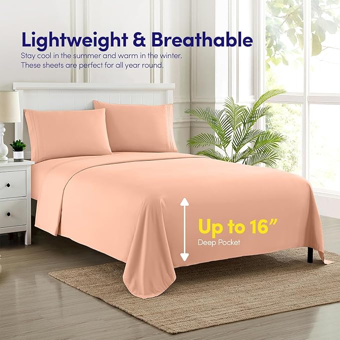 1500 Supreme Collection Twin Sheet Sets Peach - 3 Piece Bed Sheets and Pillowcase Set for Twin Mattress - Extra Soft, Elastic Corner Straps, Deep Pocket Sheets, Twin Peach