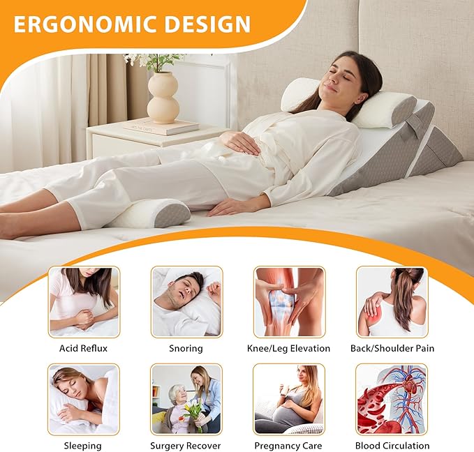 Ruqmuis 4PCS Wedge Pillow Set for After Surgery, Adjustable 9&12 Inch Bed Wedge Pillow for Sleeping, Incline Pillow Wedge for Headboard, Post Surgery, Acid Reflux, Neck&Back Support, White/Grey