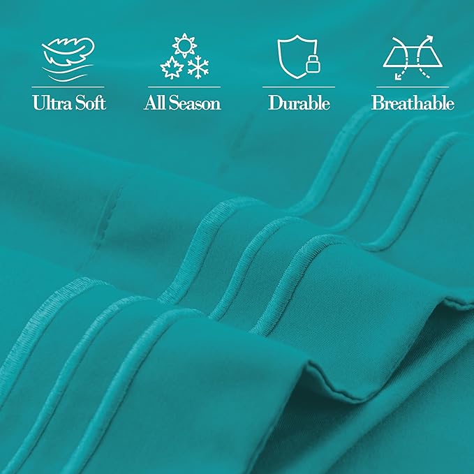 Mocassi 2-Piece Premium King Pillowcase Set 1800 Series Hotel Quality Microfiber - Soft and Breathable with 3-Line Embroidery Wrinkle and Stain Resistant, Easy Care, 20" x 40", Teal