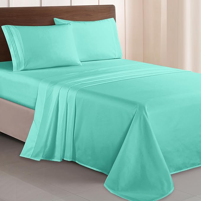 Elegant Comfort Luxurious 1500 Premium Hotel Quality Microfiber Three Line Embroidered Softest 4-Piece Bed Sheet Set, Wrinkle and Fade Resistant, Full, Paradise Teal