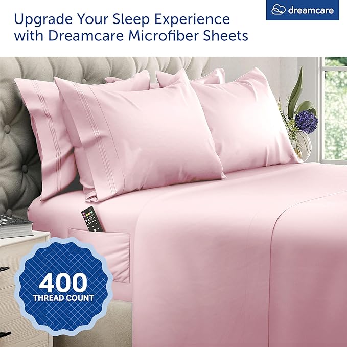 DREAMCARE Queen Sheet Set - 6 pcs Breathable Cooling Bed Sheets - up to 21" Extra Deep Pocket Queen Sheets Set with Side Pockets - Extra Soft 100% Brushed Hypoallergenic Hotel Luxury Bedding - Pink