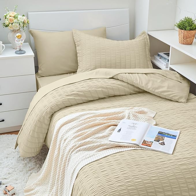 HYMOKEGE Oatmeal Twin Comforter Set Seersucker 5 Pieces, All Season Luxury Bed in a Bag for Bedroom, Bedding Set with Comforter, Sheets, Pillowcase & Sham